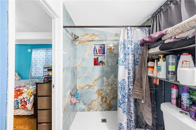 157 E 70th St, Los Angeles, CA 90003 - full bathroom with a shower stall, ornamental molding, a textured ceiling, toilet, and wood finished floors
