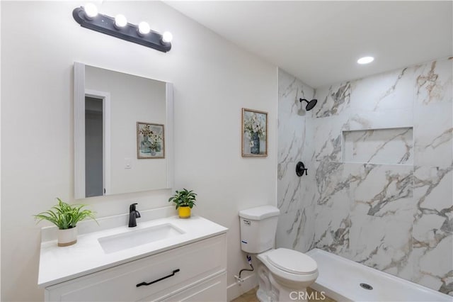 12563 3rd St, Yucaipa, CA 92399 - full bath with vanity, toilet, a marble finish shower, and recessed lighting