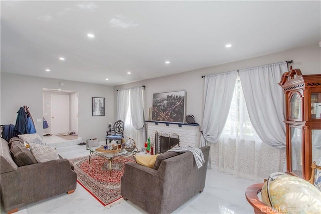 2546 Northmoor Dr, Corona, CA 92882 - living room featuring recessed lighting, a brick fireplace, and marble finish flooring