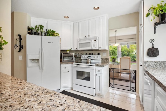 6839 Caminito Sueno, Carlsbad, CA 92009 - kitchen with white appliances, white cabinetry, recessed lighting, light tile patterned flooring, and light stone counters