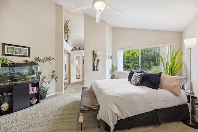 6839 Caminito Sueno, Carlsbad, CA 92009 - bedroom featuring carpet flooring, high vaulted ceiling, ceiling fan, and baseboards