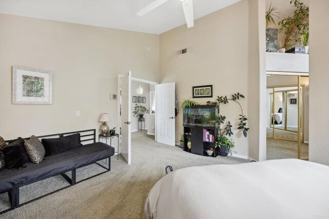 6839 Caminito Sueno, Carlsbad, CA 92009 - carpeted bedroom with high vaulted ceiling, baseboards, and ceiling fan