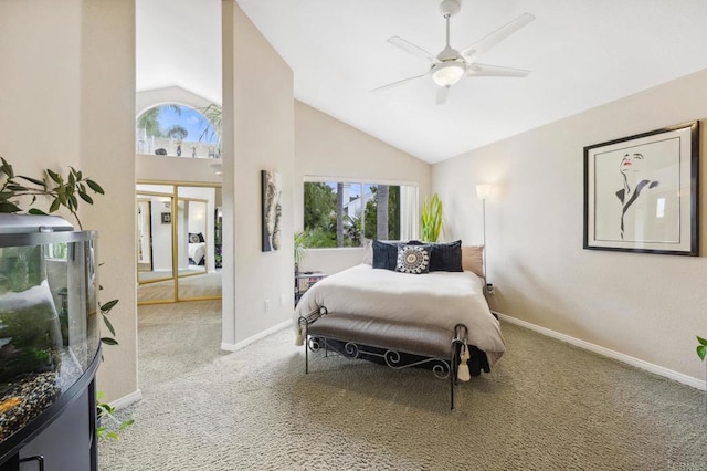 6839 Caminito Sueno, Carlsbad, CA 92009 - bedroom featuring carpet, baseboards, ceiling fan, and high vaulted ceiling