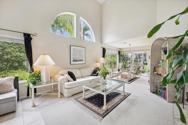 6839 Caminito Sueno, Carlsbad, CA 92009 - living room featuring carpet floors and a towering ceiling