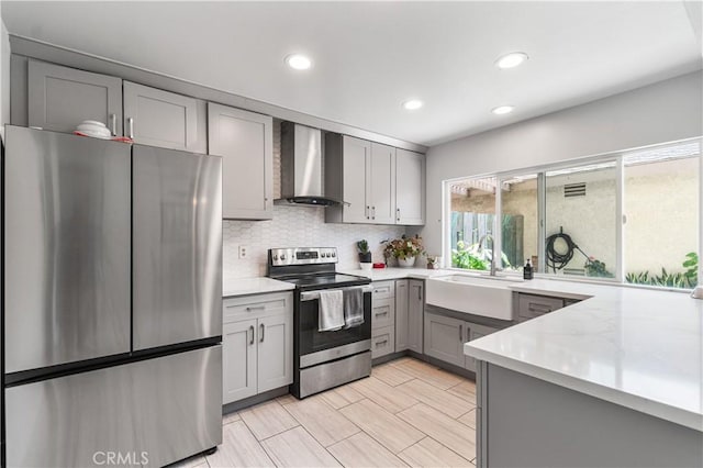 5950 Imperial Hwy Unit 48, South Gate, CA 90280 - kitchen with wall chimney range hood, appliances with stainless steel finishes, gray cabinetry, a sink, and light countertops