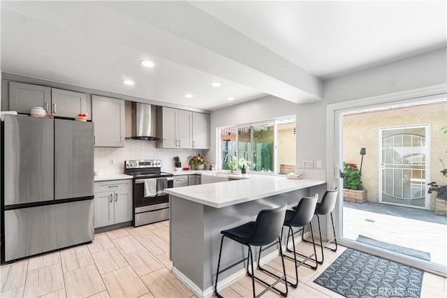 5950 Imperial Hwy Unit 48, South Gate, CA 90280 - kitchen featuring appliances with stainless steel finishes, wall chimney range hood, gray cabinetry, a sink, and a peninsula