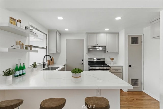 5802 Bowcroft St Unit 4, Los Angeles, CA 90016 - kitchen featuring stainless steel gas range, open shelves, under cabinet range hood, a sink, and a peninsula