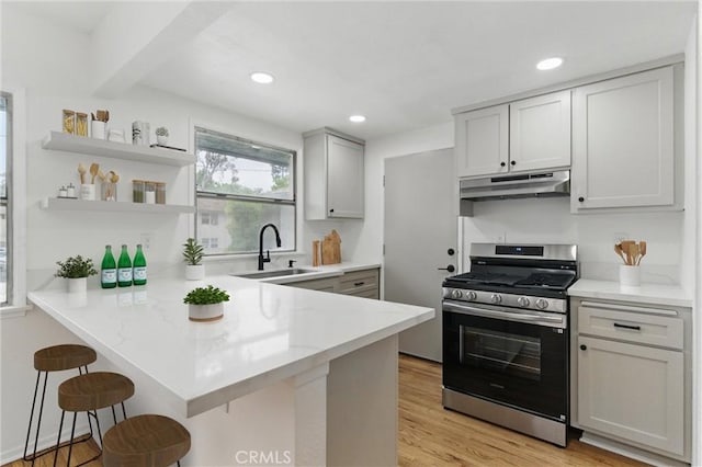 5802 Bowcroft St Unit 4, Los Angeles, CA 90016 - kitchen featuring stainless steel gas stove, under cabinet range hood, a sink, a peninsula, and a kitchen breakfast bar