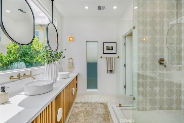 2240 Ewing St, Los Angeles, CA 90039 - full bath with an enclosed shower, double vanity, tile patterned floors, and recessed lighting
