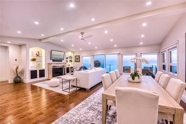 1155 Katella St, Laguna Beach, CA 92651 - dining space with wood-type flooring, ceiling fan, a glass covered fireplace, plenty of natural light, and recessed lighting