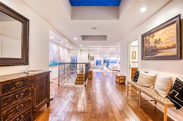 1155 Katella St, Laguna Beach, CA 92651 - hall with an upstairs landing, hardwood / wood-style flooring, and a raised ceiling