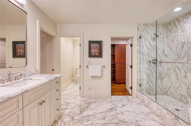 1155 Katella St, Laguna Beach, CA 92651 - full bathroom featuring a marble finish shower, toilet, vanity, marble finish floors, and recessed lighting