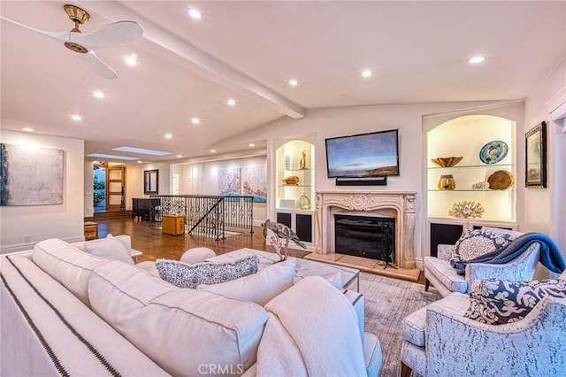1155 Katella St, Laguna Beach, CA 92651 - living area with recessed lighting, wood finished floors, a ceiling fan, and a high end fireplace