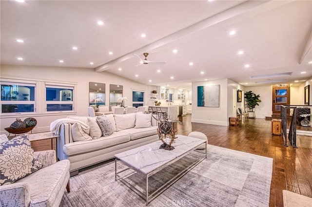 1155 Katella St, Laguna Beach, CA 92651 - living area featuring a ceiling fan, dark wood finished floors, baseboards, and recessed lighting