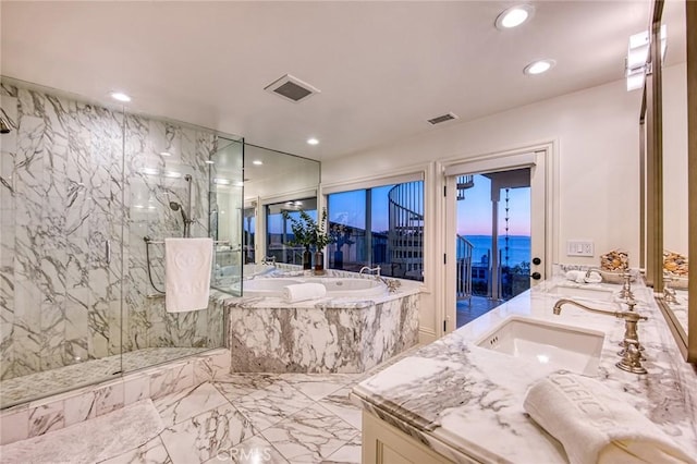 1155 Katella St, Laguna Beach, CA 92651 - full bathroom with a garden tub, recessed lighting, double vanity, a marble finish shower, and marble tiled floors