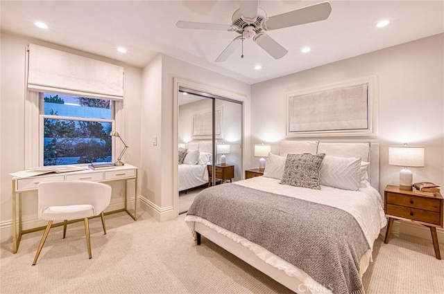 1155 Katella St, Laguna Beach, CA 92651 - bedroom featuring light colored carpet, recessed lighting, a closet, baseboards, and ceiling fan