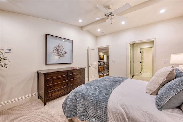 1155 Katella St, Laguna Beach, CA 92651 - bedroom with light carpet, recessed lighting, lofted ceiling, baseboards, and ceiling fan