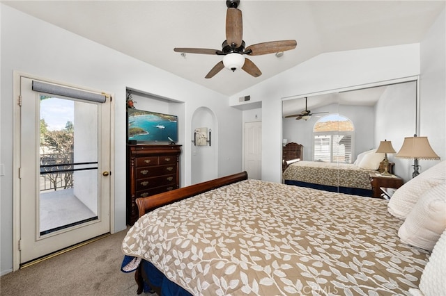 12909 Ternberry Ct, Tustin, CA 92782 - carpeted bedroom with lofted ceiling, access to outside, a closet, and ceiling fan