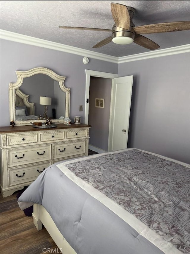 1831 W 68th St, Los Angeles, CA 90047 - bedroom with ceiling fan, a textured ceiling, crown molding, and dark wood-style floors