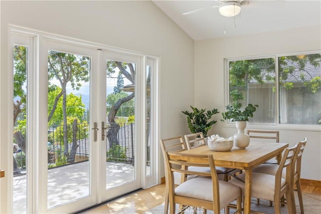 1770 Alrita St, San Luis Obispo, CA 93401 - dining space with plenty of natural light, vaulted ceiling, french doors, ceiling fan, and light wood-style flooring