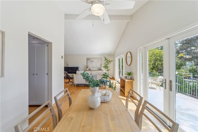 1770 Alrita St, San Luis Obispo, CA 93401 - dining space with french doors, wood finished floors, high vaulted ceiling, ceiling fan, and beamed ceiling