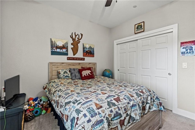 678 Colusa, Gridley, CA 95948 - bedroom with carpet flooring, a closet, baseboards, and ceiling fan