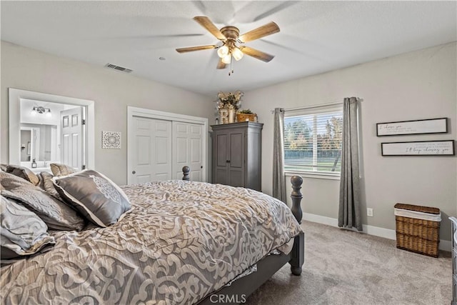 678 Colusa, Gridley, CA 95948 - bedroom featuring light colored carpet, a closet, ceiling fan, and baseboards