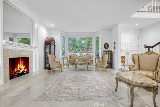 18238 Hastings Way, Porter Ranch, CA 91326 - living room with marble tiled flooring, a fireplace, and recessed lighting