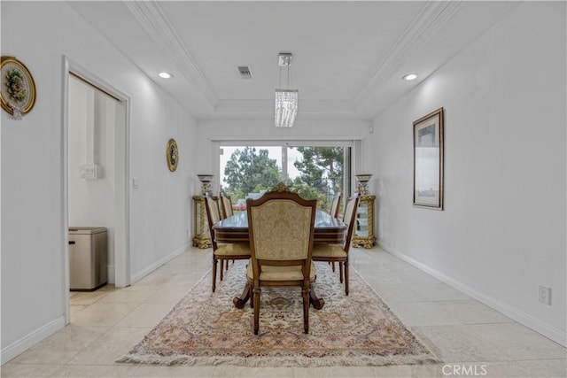 18238 Hastings Way, Porter Ranch, CA 91326 - dining room featuring a tray ceiling, baseboards, recessed lighting, ornamental molding, and light tile patterned flooring