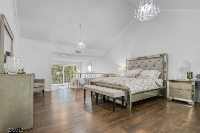 18238 Hastings Way, Porter Ranch, CA 91326 - bedroom with a chandelier, dark wood-type flooring, high vaulted ceiling, and ornamental molding