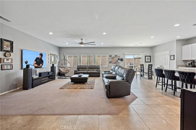 42667 Gazapo Ct, Indio, CA 92203 - living area featuring a ceiling fan, recessed lighting, baseboards, and light tile patterned flooring