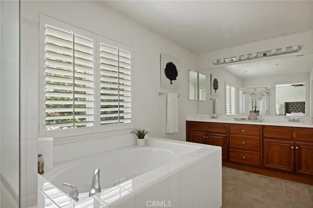 1665 Valley Falls Ave, Redlands, CA 92374 - bathroom with plenty of natural light, a garden tub, double vanity, and a shower stall