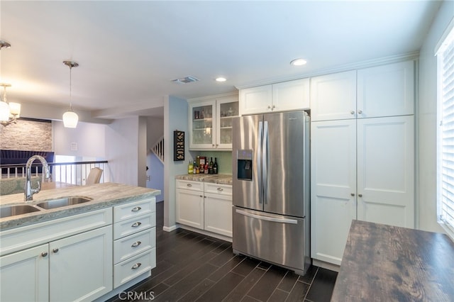 4357 W Sarah St Unit 26, Burbank, CA 91505 - kitchen featuring stainless steel fridge with ice dispenser, a sink, glass insert cabinets, dark wood-style floors, and recessed lighting
