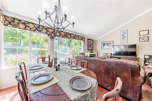 30138 Mira Loma Dr, Temecula, CA 92592 - dining space featuring ornamental molding, a chandelier, vaulted ceiling, wood finished floors, and baseboards