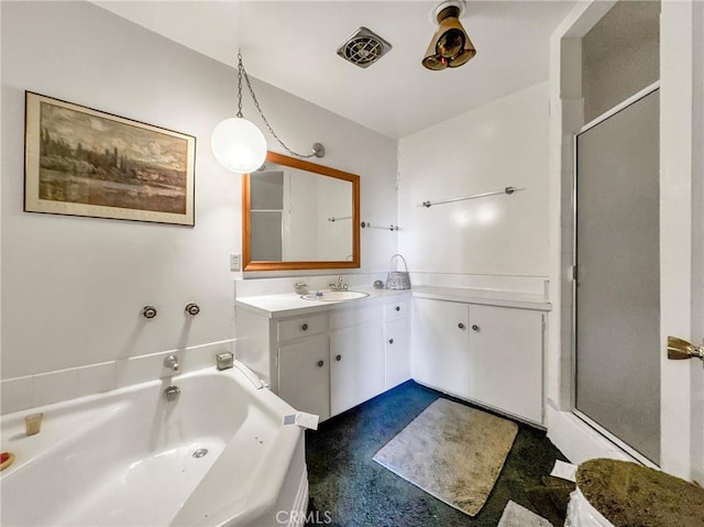 113 Fremont Rd, Lake Arrowhead, CA 92352 - bathroom with vanity, a bath, and a shower stall