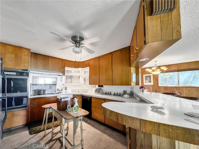 113 Fremont Rd, Lake Arrowhead, CA 92352 - kitchen with brown cabinets, black appliances, light countertops, and ceiling fan
