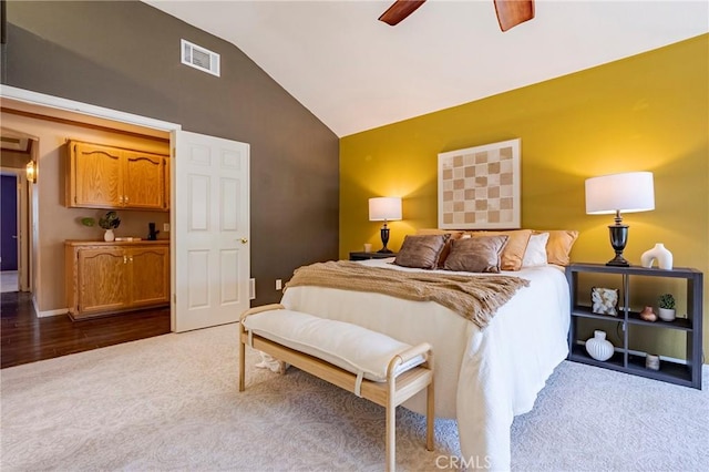 625 Redwing Dr, Merced, CA 95340 - bedroom with dark colored carpet, lofted ceiling, and a ceiling fan