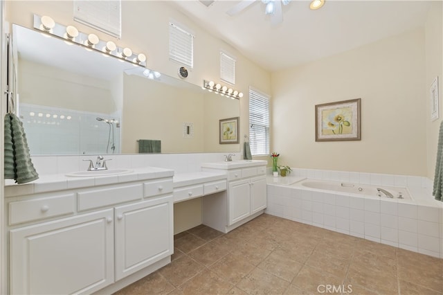 23463 Canterbury Way, Murrieta, CA 92562 - bathroom with double vanity, a garden tub, a ceiling fan, and tiled shower