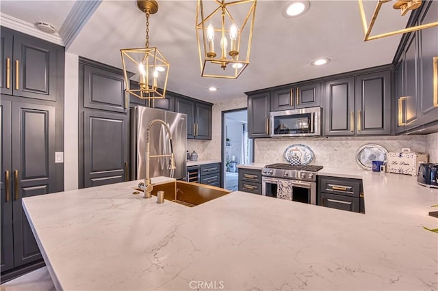 25536 Rue Terrase Unit 17, Laguna Niguel, CA 92677 - kitchen featuring appliances with stainless steel finishes, a chandelier, backsplash, recessed lighting, and decorative light fixtures