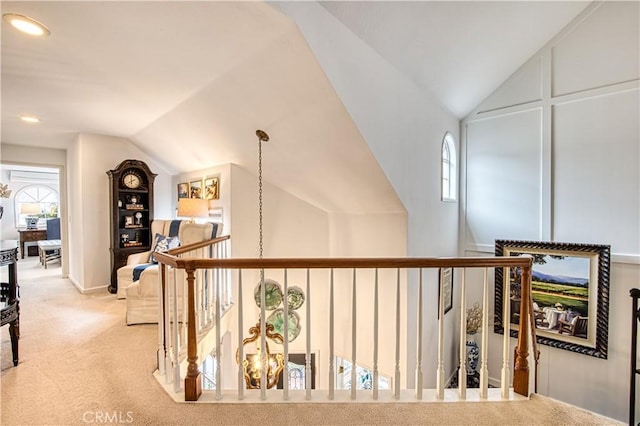 25536 Rue Terrase Unit 17, Laguna Niguel, CA 92677 - hall with lofted ceiling, carpet floors, recessed lighting, and an upstairs landing