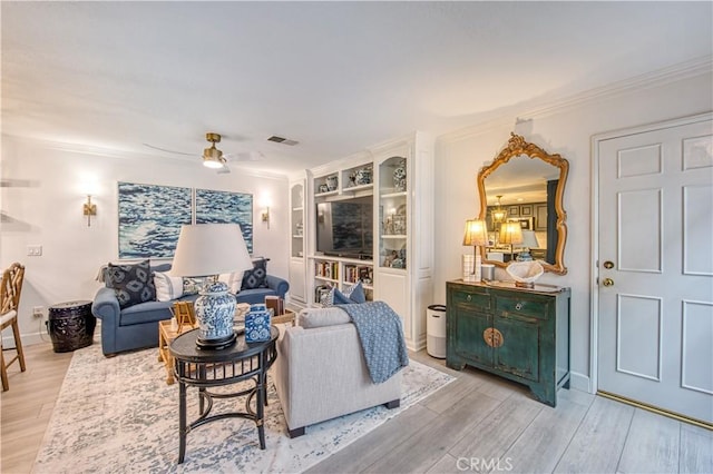 25536 Rue Terrase Unit 17, Laguna Niguel, CA 92677 - living room with light wood-type flooring, crown molding, and ceiling fan