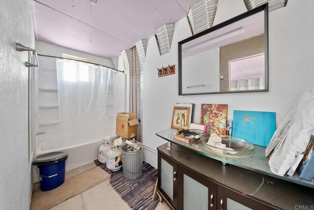 2620 Mar Vinga, Fallbrook, CA 92028 - full bathroom with vanity, shower / bathtub combination with curtain, and concrete floors