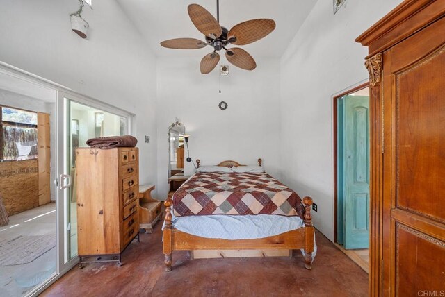 2620 Mar Vinga, Fallbrook, CA 92028 - bedroom featuring concrete floors, high vaulted ceiling, access to outside, and ceiling fan