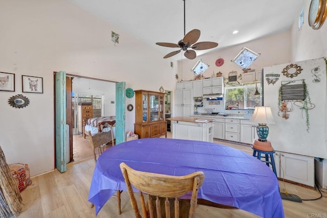 2620 Mar Vinga, Fallbrook, CA 92028 - dining area featuring high vaulted ceiling, a ceiling fan, and light wood-style flooring