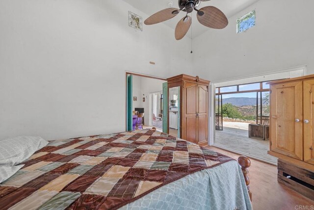 2620 Mar Vinga, Fallbrook, CA 92028 - bedroom featuring access to outside, a high ceiling, a mountain view, and a ceiling fan