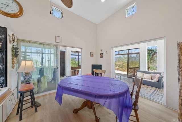 2620 Mar Vinga, Fallbrook, CA 92028 - dining space with light wood-style floors, high vaulted ceiling, and a ceiling fan