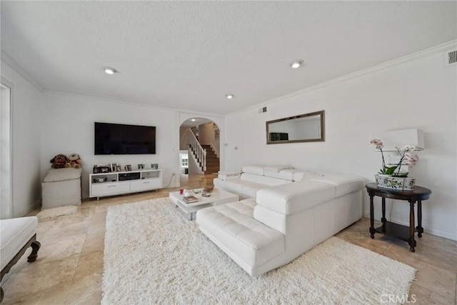 4420 Conchita Way, Tarzana, CA 91356 - living area featuring arched walkways, ornamental molding, recessed lighting, baseboards, and a textured ceiling