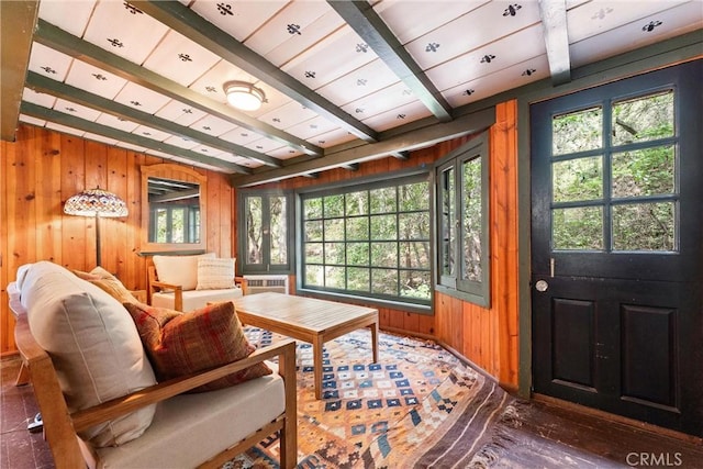 25 Hot Spring Canyon Rd, San Juan Capistrano, CA 92675 - sitting room with wooden walls, beamed ceiling, and healthy amount of natural light