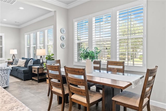 147 Luneta Ln, Rancho Mission Viejo, CA 92694 - dining area with ornamental molding, recessed lighting, baseboards, and light tile patterned flooring