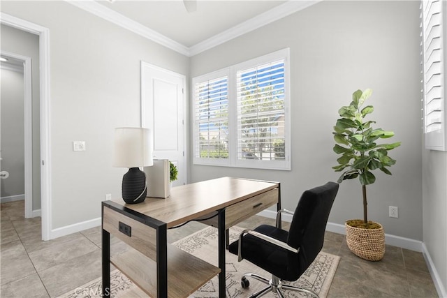 147 Luneta Ln, Rancho Mission Viejo, CA 92694 - office area with ornamental molding, baseboards, and light tile patterned flooring
